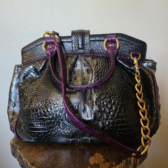 RARE Brahmin Adora Black & Purple Croc Embossed Leather Satchel Gold Chain - Picture 4 of 16